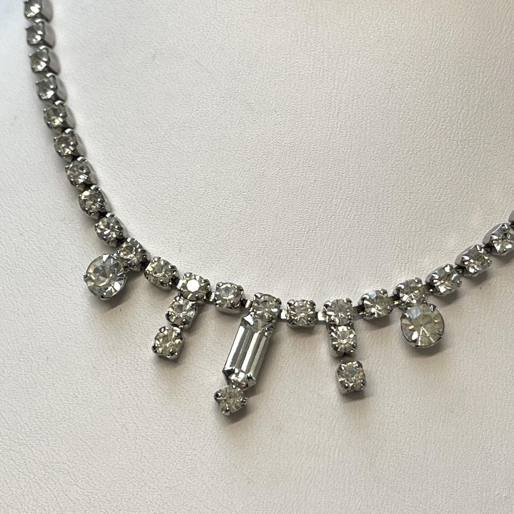 Vintage Clear Rhinestone Baguette Prong Set Choker Collar Necklace 15" 1950's - Picture 2 of 5